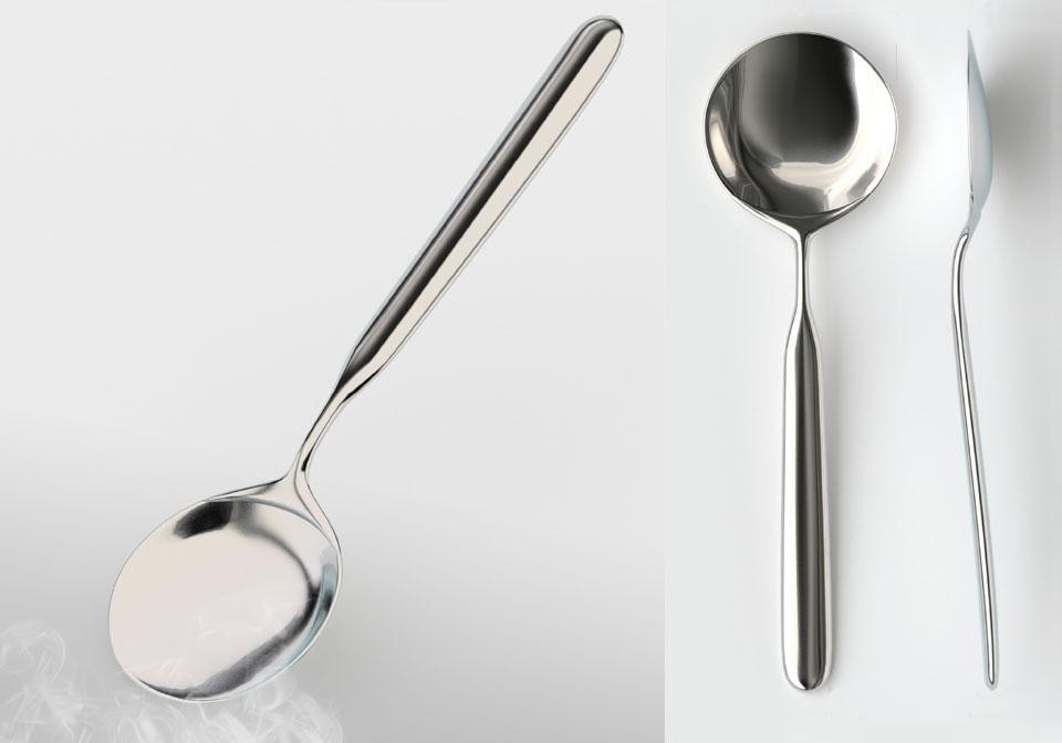 The slender spoon designed Inga Sempé has two rounded shapes – bowl and handle – joined by a narrow neck. The spoon was inspired by the observation of cutlery and kitchen utensils dear to the French designer, such as a Danish teaspoon with a round bowl used as a child, and ice-cream spoons with a flat handle.