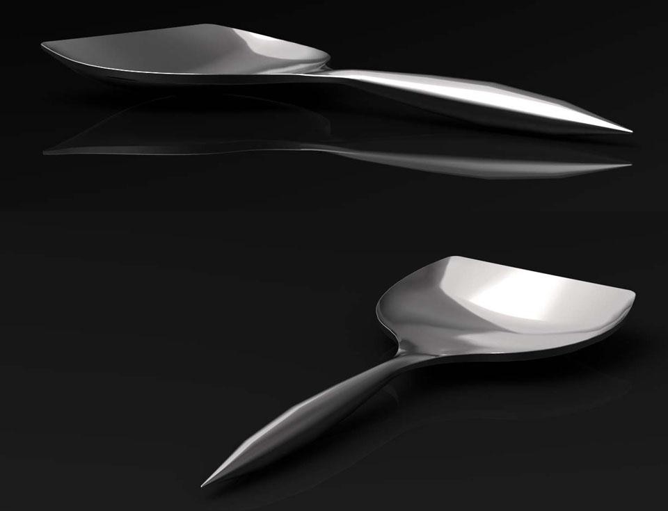 A tribute to Milan and its risotto, Carlo Contin's Meneghino spoon has an extra-wide bowl that allows it to rest on the tabletop, and also lets you "load on" the rice in the most practical way possible.