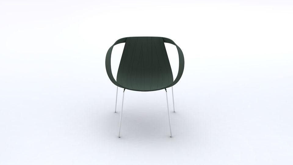 Frontal view of the chair. Above: rear view of the chair