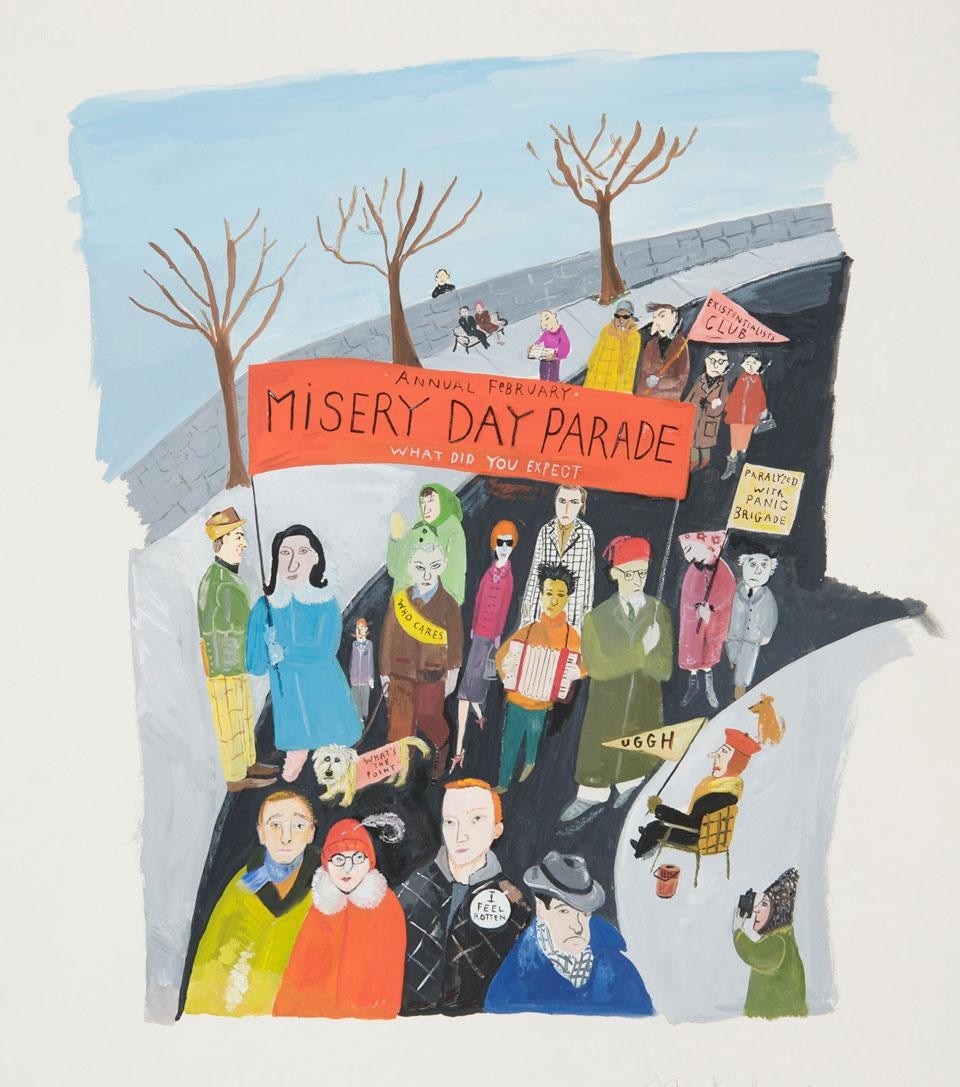 Maira Kalman, Annual Misery Day Parade, cover illustration for The New Yorker, 2001, gouache and pencil on paper.  Courtesy of the artist.