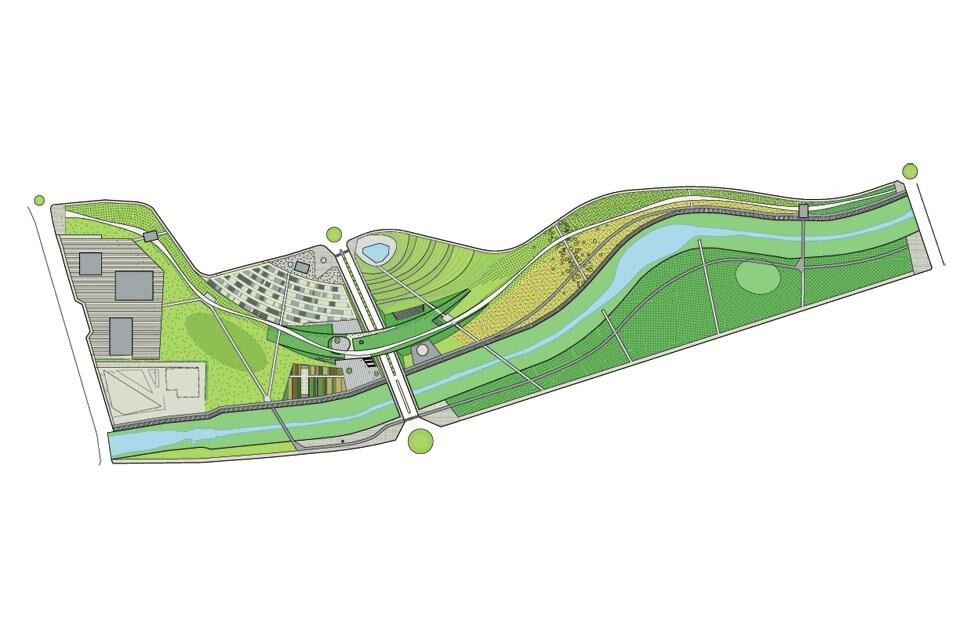 Parque de Levante, Master Plan by K/R Architects, Site Plan, Image: K/R. Above: Parque de Levante, Master Plan by K/R Architects, Land-Bridge, Image: VUW.