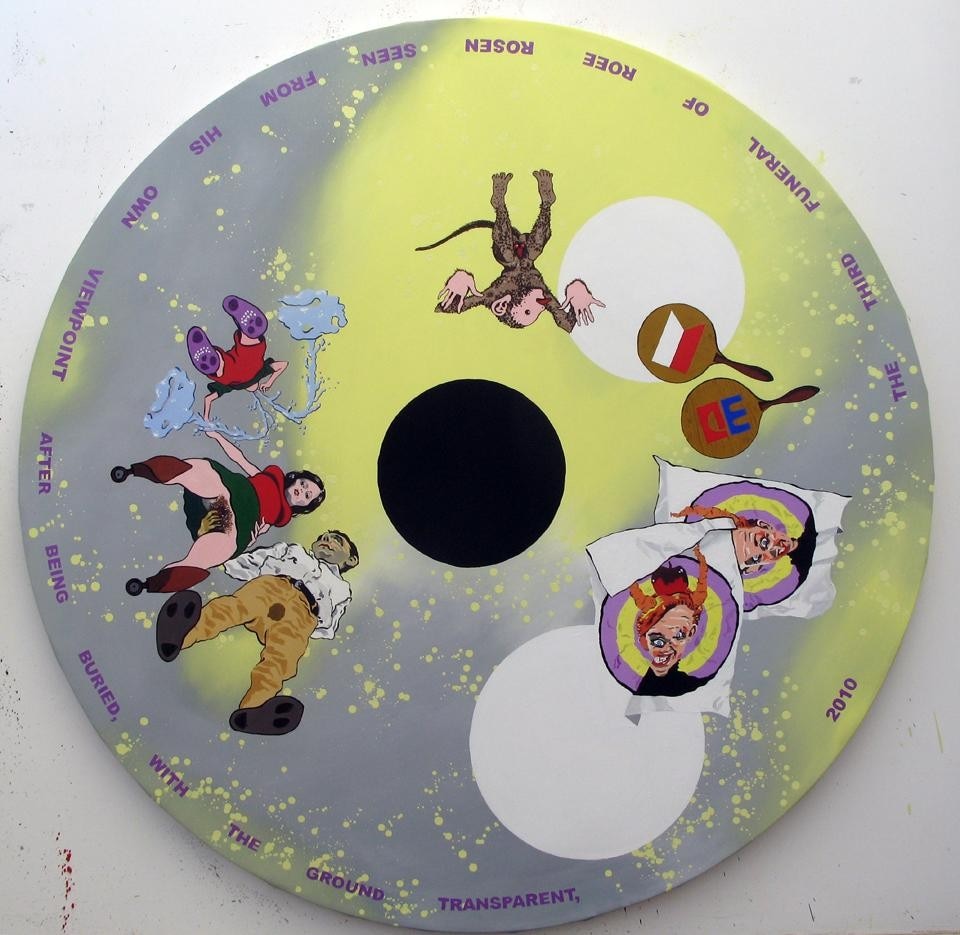 Roee Rosen, <i>The Third Funeral of Roee Rosen, Seen From His Own Viewpoint After Being Buried With the Ground Transparent</i>, 2010 (one of two panels), Oil on canvas, two circles, each 160 cm in diameter. Photo Roee Rosen. Opening imge: Roee Rosen, still from <i>Hilarious</i>, Hd video, 21 minutes, 2010.