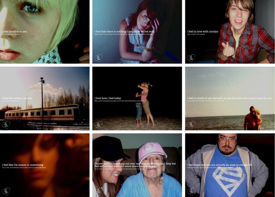 Top image: Penelope Umbrico, <i>Sunset Portraits from 9,623,557 Flickr Sunset Pictures on 8/22/11,</i> 2011. One thousand and fifty-eight chromogenic prints; 92 x 276 inches overall. © Penelope Umbrico. <br />Above: Jonathan Harris & Sep Kamvar, <i>We Feel Fine,</i> 2006–Present. Montages (collage of 9 images). © Jonathan Harris and Sep Kamvar. Top image: Penelope Umbrico, <i>Sunset Portraits from 9,623,557 Flickr Sunset Pictures on 8/22/11,</i> 2011. One thousand and fifty-eight chromogenic prints; 92 x 276 inches overall. © Penelope Umbrico. <br />Above: Jonathan Harris & Sep Kamvar, <i>We Feel Fine,</i> 2006–Present. Montages (collage of 9 images). © Jonathan Harris and Sep Kamvar.