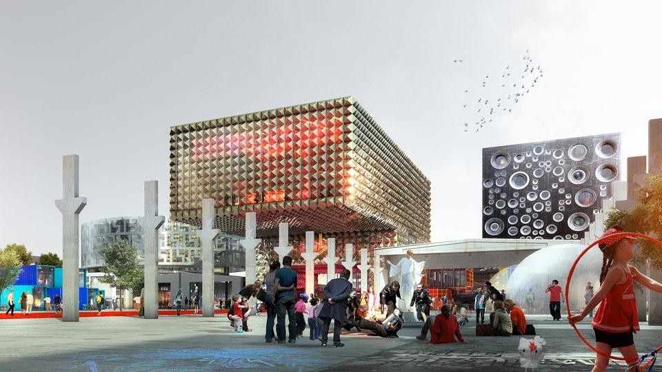 Top image and above: ROCKmagneten plaza, from left: student housing Rock Museum and Festival HQ.