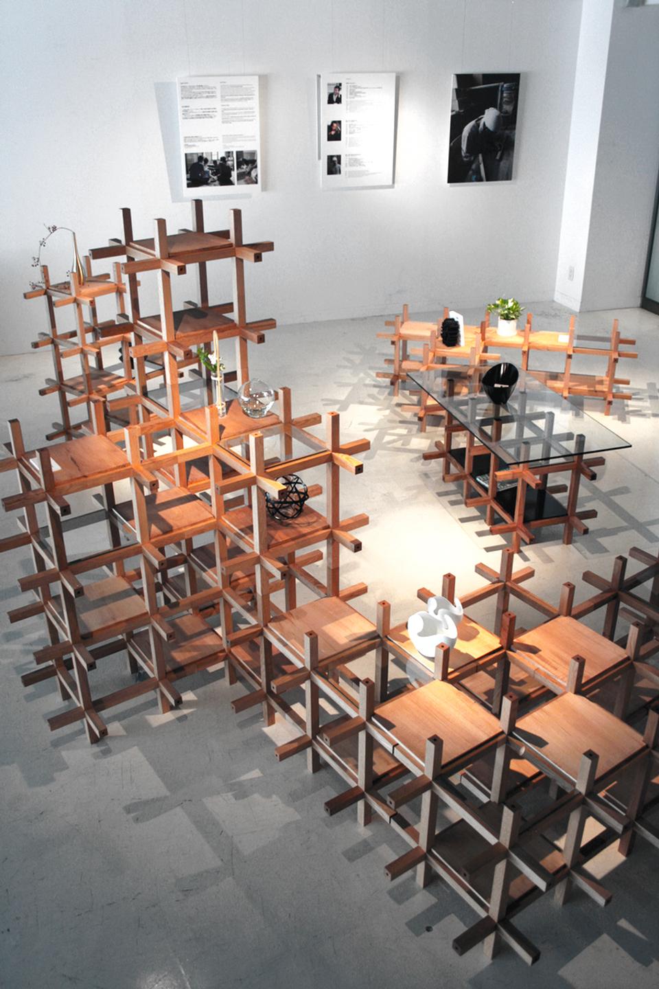 Transformed from the traditional system of Chidori, 1 unit of Chidori Furniture consists of 12 timber sticks with different junction details. 