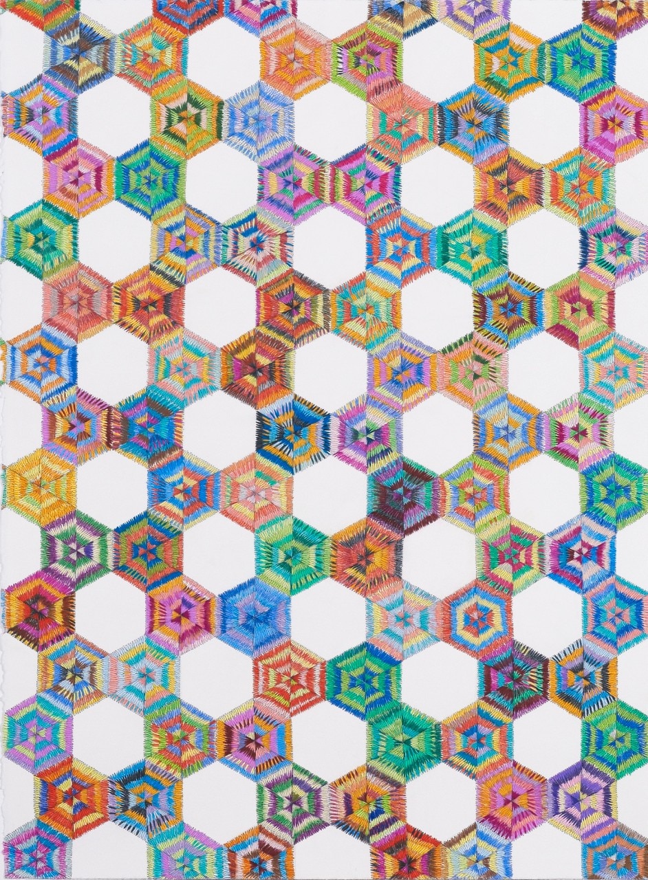 Lionel Bawden, <i>jewel linking (dense field),</i> 2011. Coloured pencils, ink on paper. 30 x 22 in. Photo by Craig Bender.