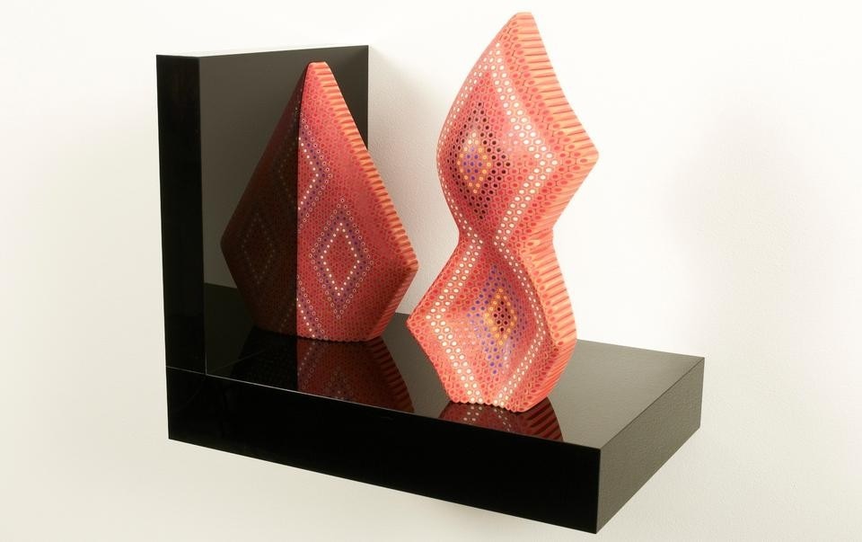 Lionel Bawden, <i>crossing over,</i> 2011. Coloured Staedtler pencils, epoxy, incralac on black Perspex shelves. Left form 11.25 x 5 x 2.75 in / right form 13.5 x 6 x 4.25 in. Photo by Craig Bender.