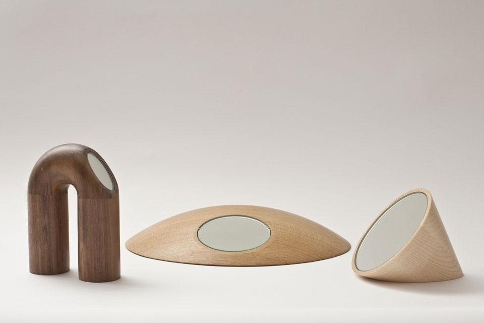 Elephant mirror, Owl mirror, Mole mirror: solid walnut wood, glass mirror. Photo Mike Roelofs