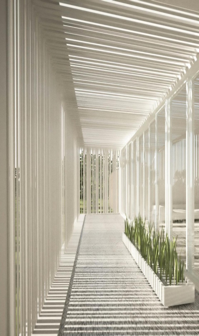 The patio is composed of thin vertical steel plates The patio is composed of thin vertical steel plates