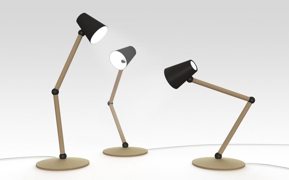 Top: Max Lamb, <em>Last Stool</em>,
stackable stool in copper or steel enamelled in various colours. Above: SmithMatthias, <em>Companion</em>, 
adjustable table lamp in ash with metal joints, diffuser and LED source

