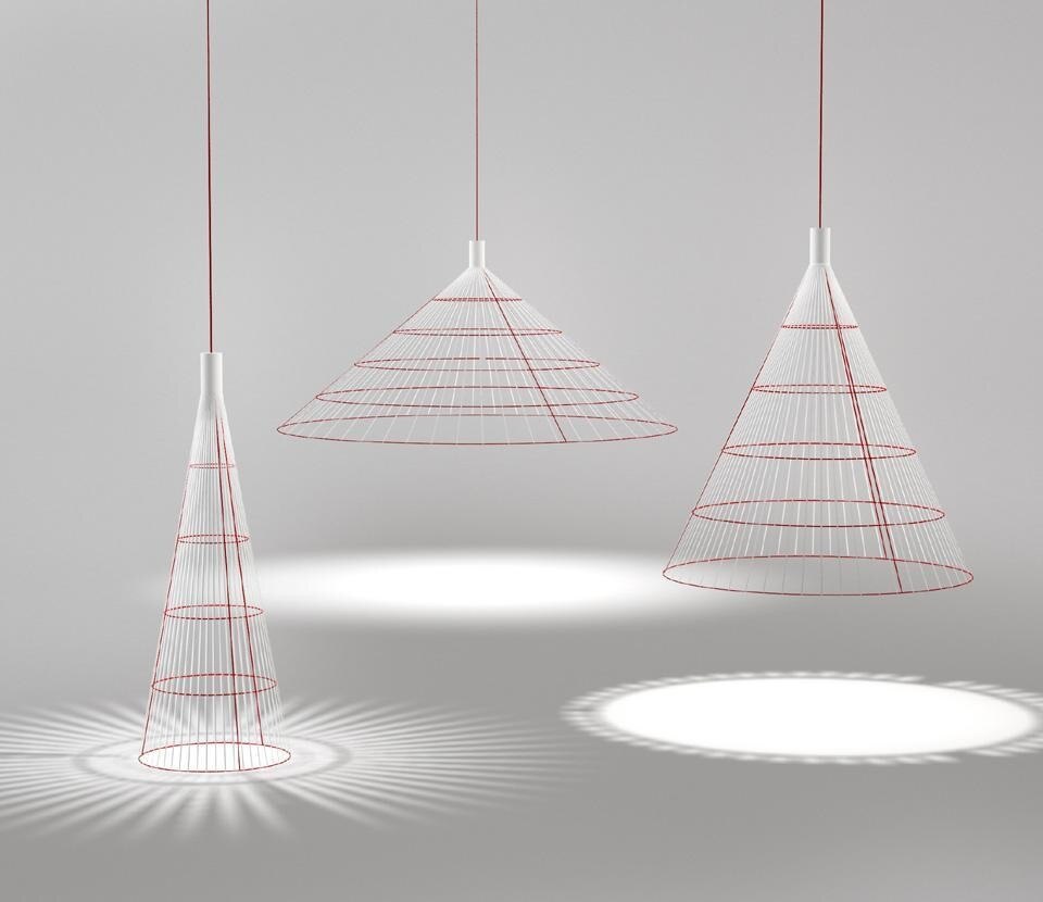 Top: the Gumdesign installation at Max & Co. Above: Gumdesign, <em>Luce Solida</em>, LED suspension lamp for De Castelli
