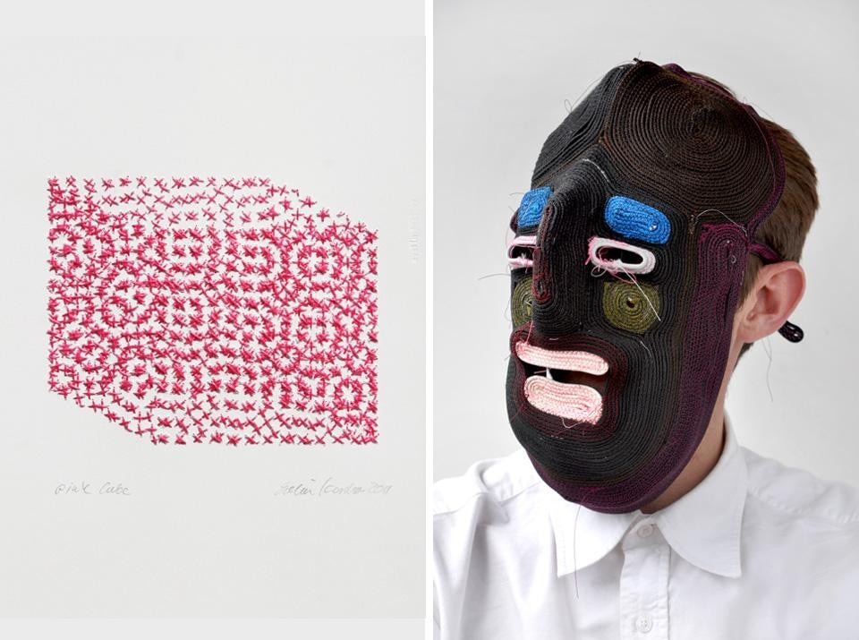 Top:  Evelin Kasikov, <em>Browsing Copy</em>. Above: Left, Evelin Kasikov. Right, Bertjan Pot, <em>Masks</em>
