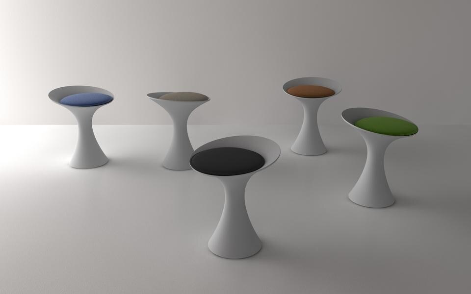 Top: Studio Juju, <em>Rabbit and the Tortoise</em> tables for Living Divani. Above: Mario Ferrarini, <em>Kalè</em> table-stool for Living Divani