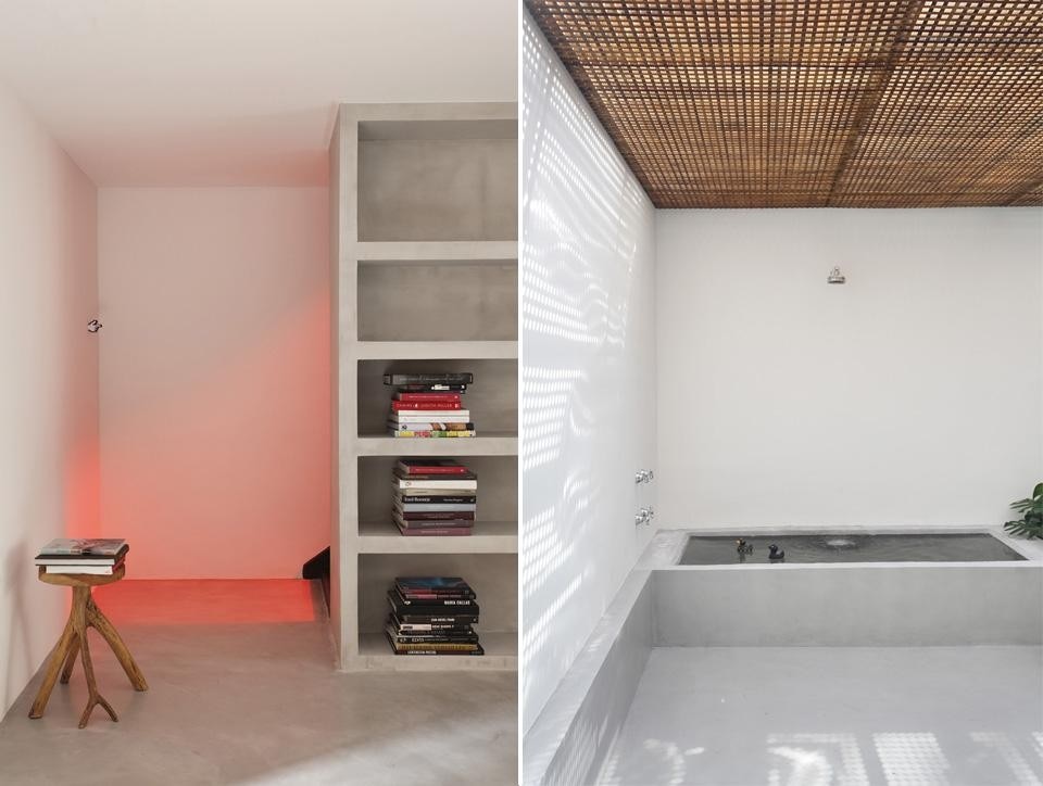 Two views of Studio GT. a mezzanine above the kitchen where a bath tub has been created and a retractable glass roof can be opened on summer days in order to create a mild climate