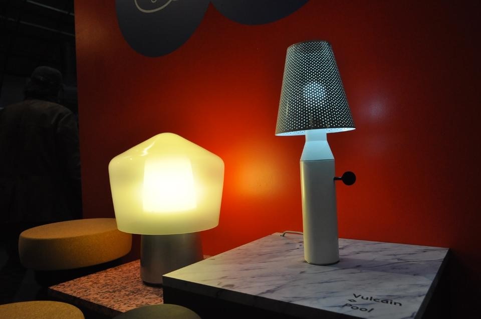 To the left, Jonah Takagi's <em>Tip Top</em> lamp; right, Vulcain's <em>Pool</em> lamp for La Chance