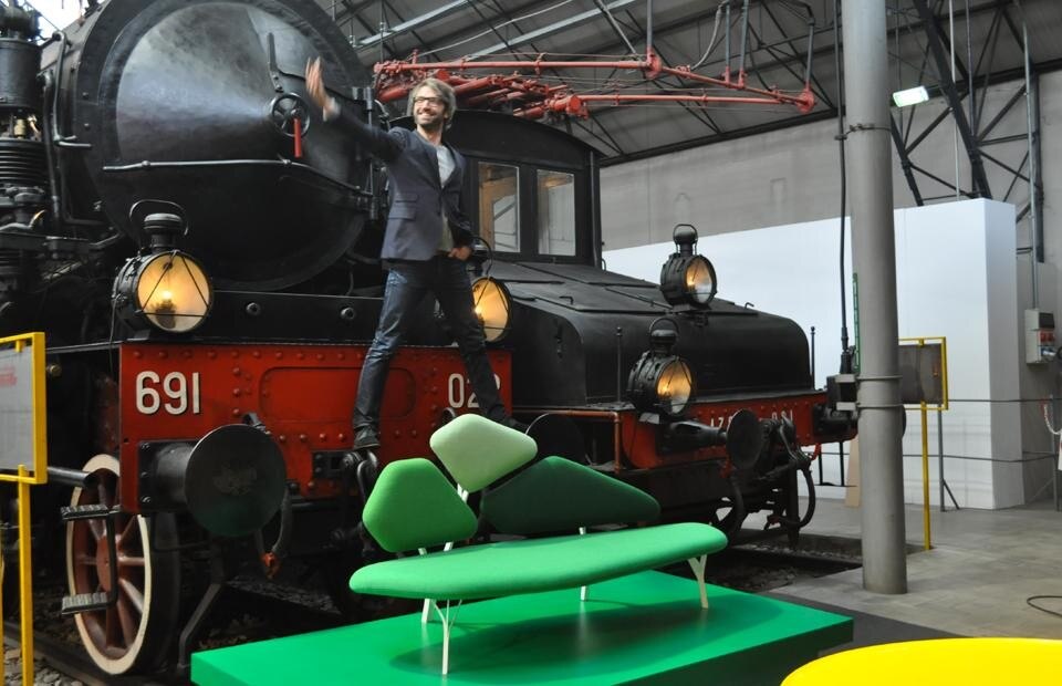 Noé Duchaufour Lawrence poses behind his <em>Borghese</em> sofa for La Chance