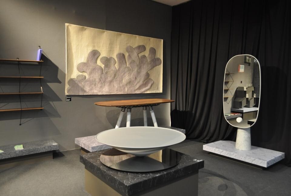 From left, Bashko Trybek's <em>Climb</em> bookcase, Luca Nichetto's <em>Float</em> low table, Pierre Favresse's <em>Magnum</em> table,  François Dumas' <em>Anémone</em> carpet and Dan Yeffet and Lucie Koldova's <em>Iconic</em> mirror, all for La Chance