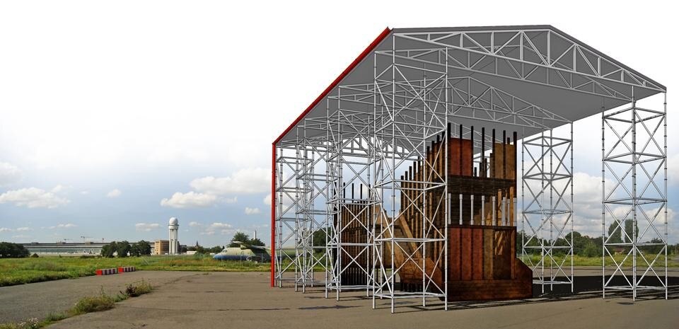 Top: Matthias Rick, third from left, and raumlaborberlin on the Tempelhof grounds. Above: <em>The Great World's Fair 2012</em> pavilion by director Toshiki Okada