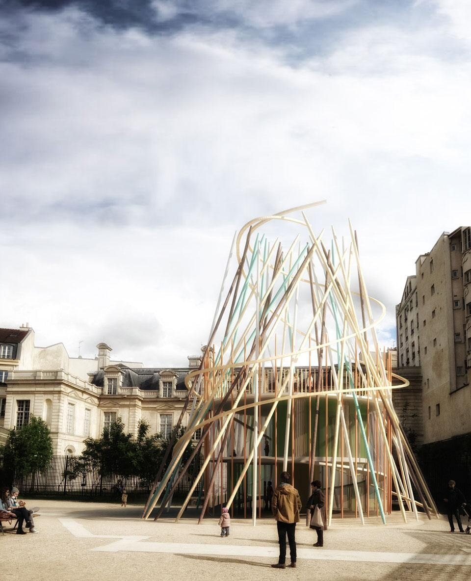 Djuric Tardio Architectes, <em>Sticks</em>. Built in wood, the series would be ideally mass produced, allowing for low cost of production and implementation 