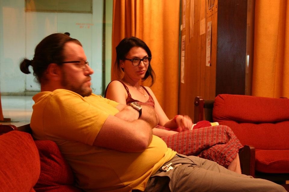 Participants in a conversation with writers Muharem Bazdulj and Joshua Cohen, part of Triple Canopy's <em>Perfect Strangers</em> program at Collegium Artisticum in Sarajevo