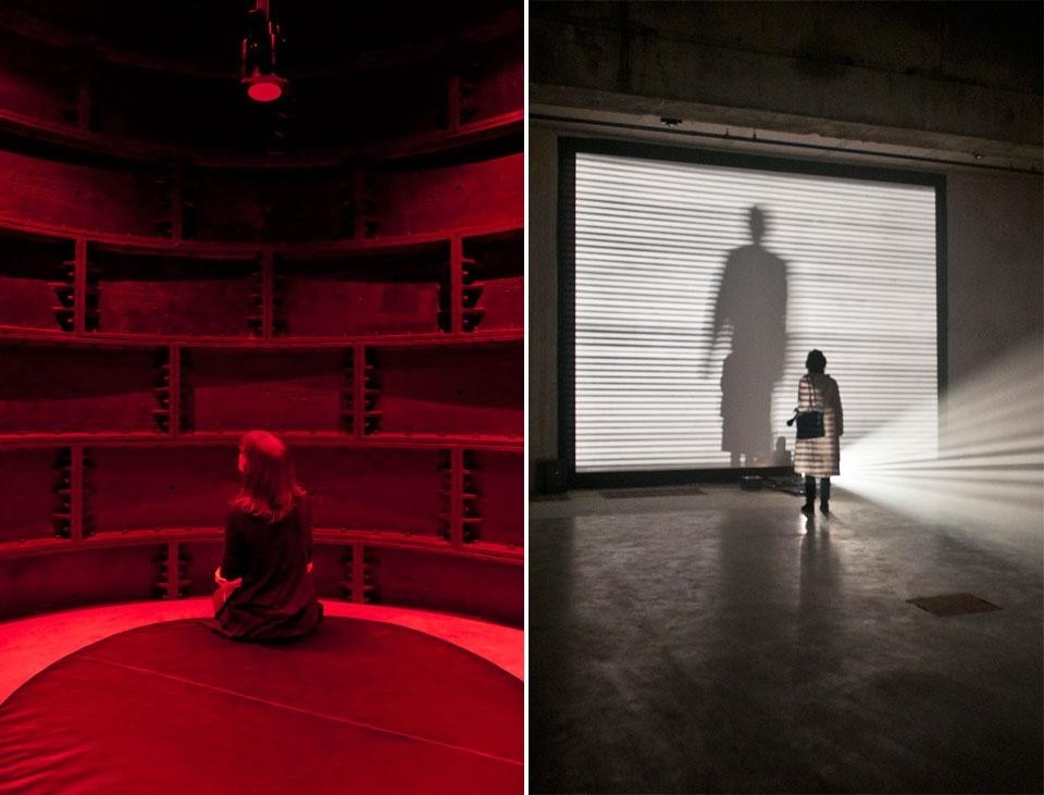 Left, Suzanne Lacy, <em> The Crystal Quilt 1985-7</em> installation view, Tate Modern, 2012. 
© Suzanne Lacy. Right, Lis Rhodes, <em>Light Music 1975 </em> installation view, Tate Modern. © Lis Rhodes. Photos by Tate Photography 