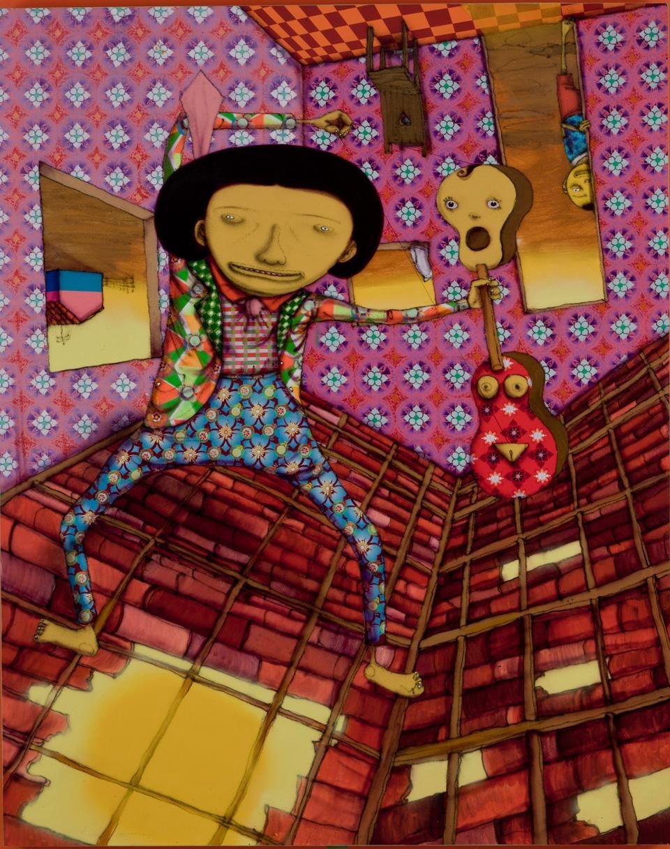 <em>Amanheceu De Cabeca Prabaxo (Upside Down Sunrise)</em>, 2012. Mixed media on panel. Private Collection. Courtesy of the artists