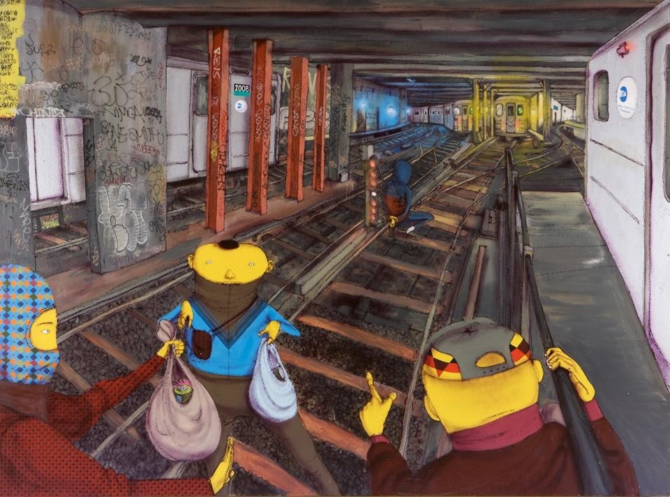 Top: <em>Back in the Days</em>, 2008 (detail). Acrylic, latex, spray paint and sequins on wood panel. Private Collection. Courtesy of the artists. Above: <em>Untitled</em>, 2008. Acrylic and spray paint on wood panel. Private Collection. Courtesy of the artists