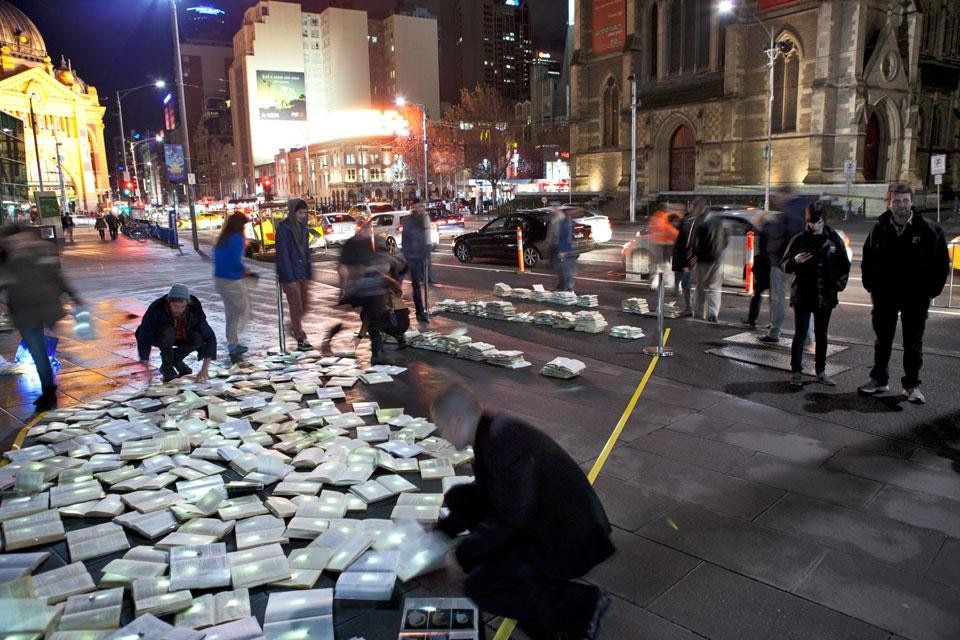 Luzinterruptus, <i>Literature v/s Traffic</i> installation, part of the <i>Light in winter</i> festival, Melbourne