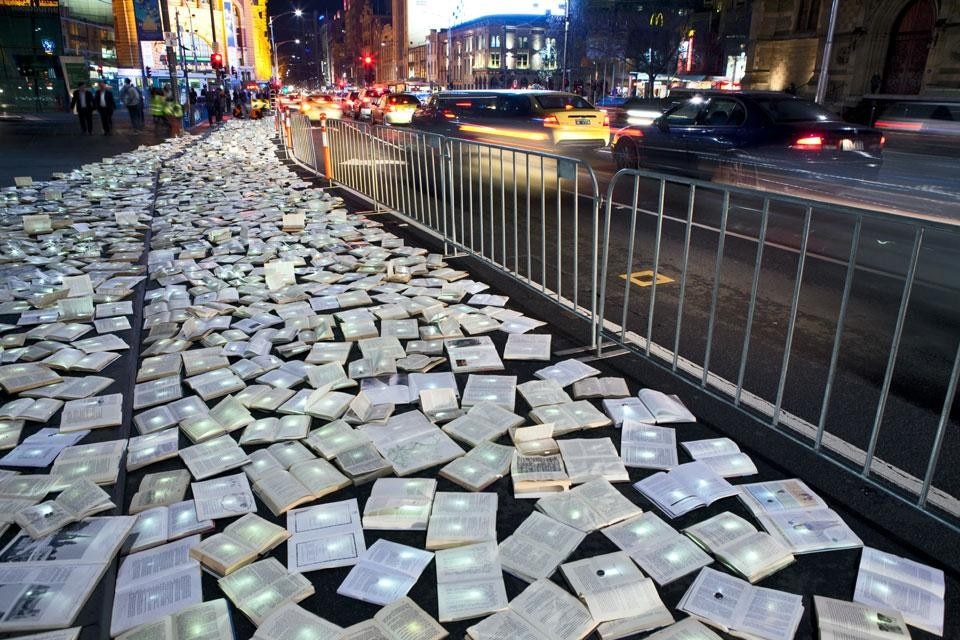Luzinterruptus, <i>Literature v/s Traffic</i> installation, part of the <i>Light in winter</i> festival, Melbourne