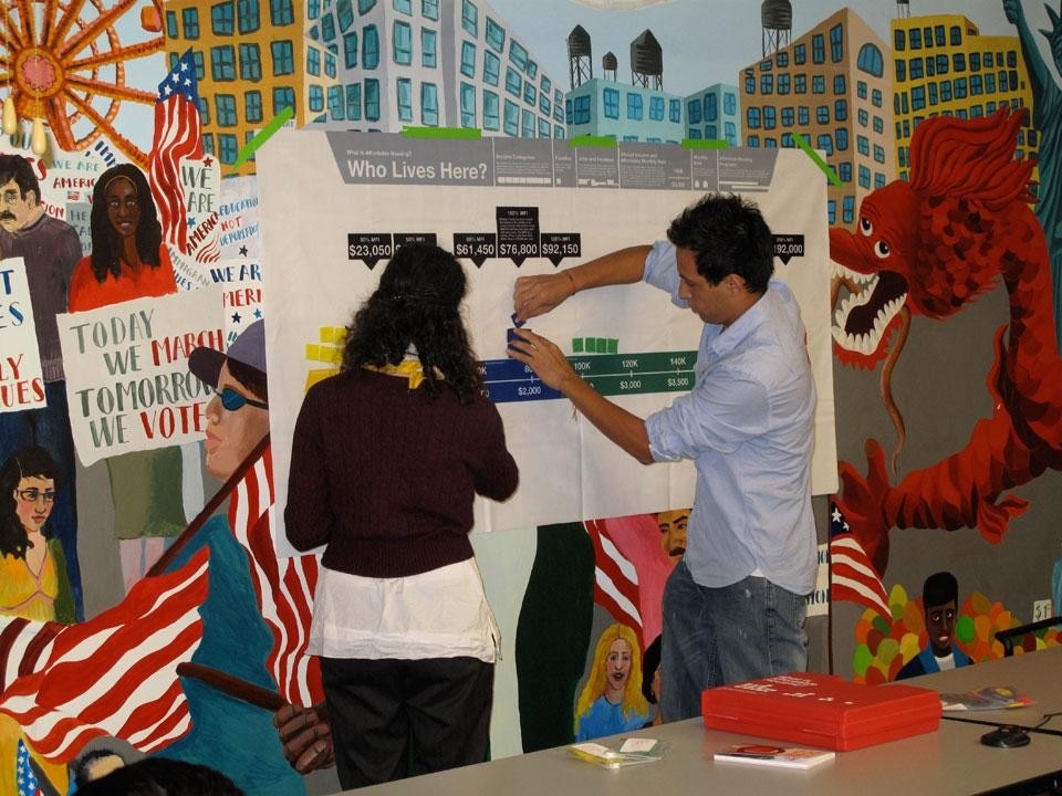 Center for Urban Pedagogy's Affordable Housing workshop: CUP’s affordable housing workshops employ interactive materials like this felt chart that maps the median income of a neighborhood. Photo by Center for Urban Pedagogy Center for Urban Pedagogy's Affordable Housing workshop: CUP’s affordable housing workshops employ interactive materials like this felt chart that maps the median income of a neighborhood. Photo by Center for Urban Pedagogy