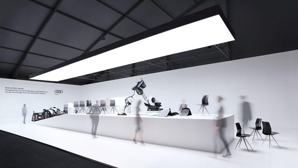 Top: Left, Kram/Weisshaar, R18 Ultra Chair front. Photo by Tom Vack. Right, Kram/Weisshaar, R18 Ultra Chair cardboard model. Photo by Frank Stolle. Above: Kram/Weisshaar, R18 Ultra Chair exhibition at Design Miami/ 2012. Photo by Tom Vack