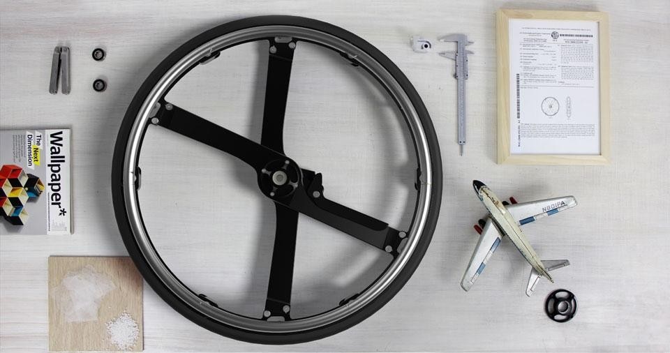  Vitamins Design/Maddak Inc., <em>Morph Folding Wheel</em>. For the first time the wheels on a wheelchair
are able to fold flat and fit in storage compartments of airplanes and small
cars. When folded, this wheel takes up only 12 litres of space, compared
with 22 litres when it is circular and in use. The wheel has been developed
with support from the Royal College of Art, the Wingate Foundation and the
James Dyson Foundation.