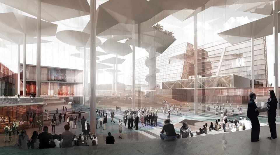OMA, proposal for Bocconi University campus extension, Milan, Italy 2012. View from the forum to housing and sports center OMA, proposal for Bocconi University campus extension, Milan, Italy 2012. View from the forum to housing and sports center