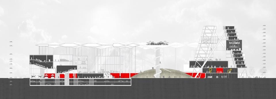 OMA, proposal for Bocconi University campus extension, Milan, Italy 2012. Longitudinal section through school and <em>A</em> frame housing