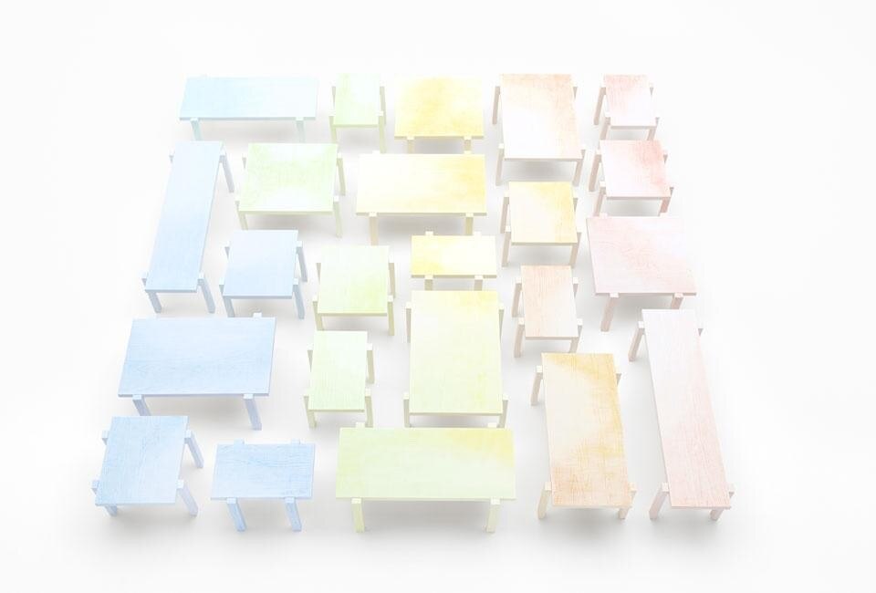 Top and above: Nendo, <em>Coloured Pencil Table</em> installation at the 2013 Saint-Étienne Design Biennial