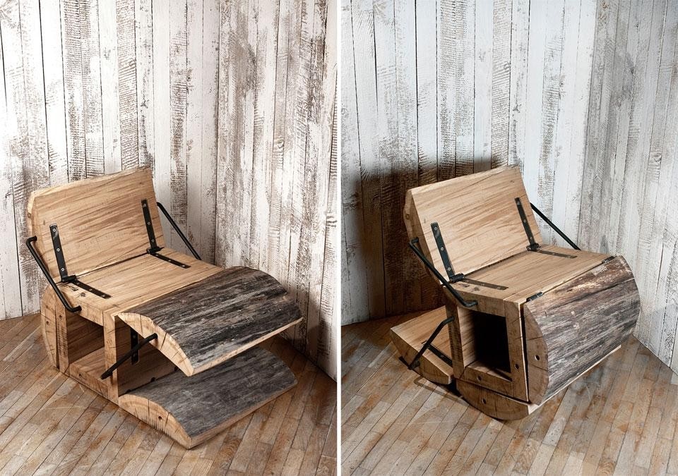 On top and above: Architecture Uncomfortable, <i>Waste Less Log Chair</i>, 2013