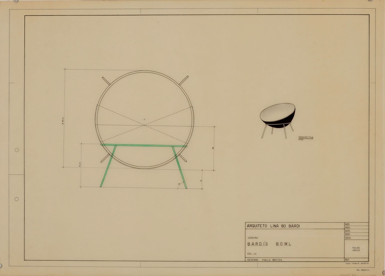 Lina Bo Bardi, Bowl Chair, disegno tecnico