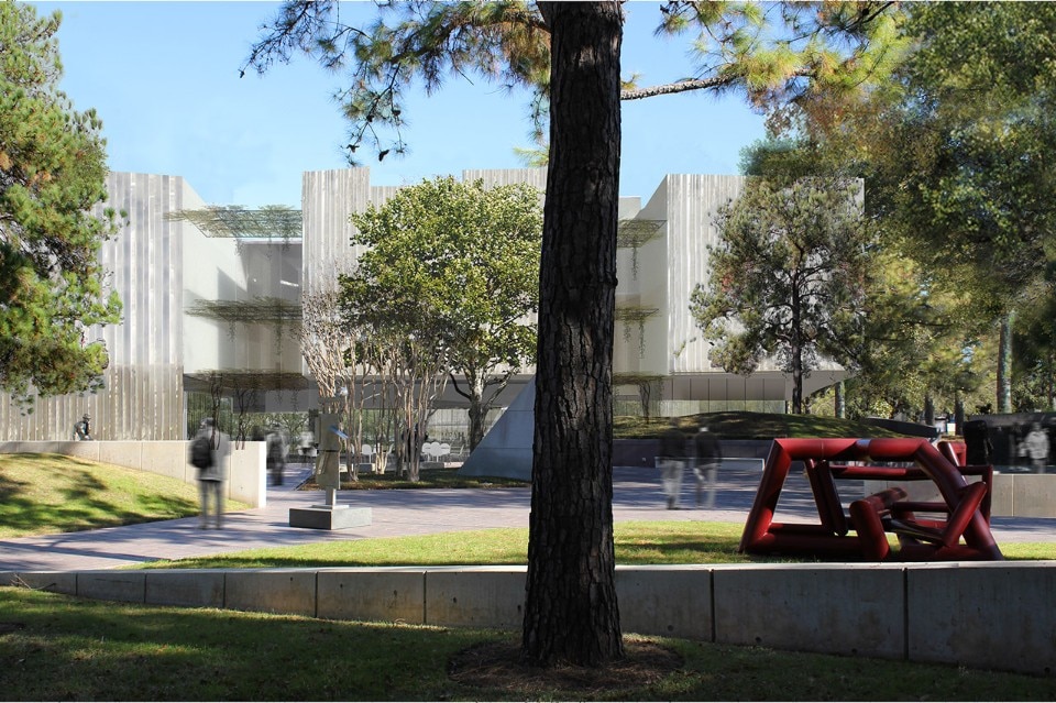 View of the Nancy and Rich Kinder Building Restaurant Entrance from the Lillie and Hugh Roy Cullen Sculpture Garden Courtesy of Steven Holl Architects