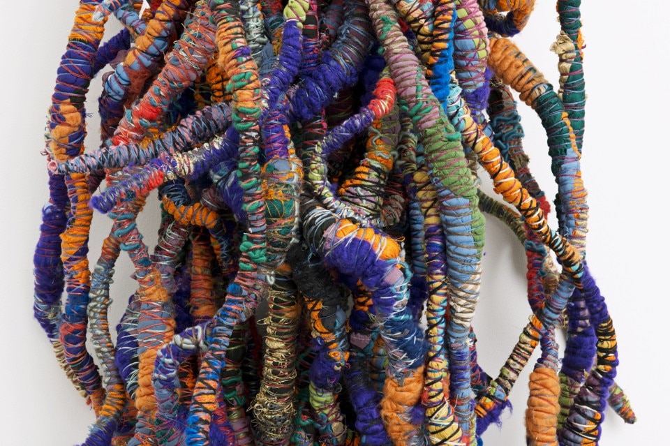 Sheila Hicks, <i> Cordes Sauvages / Hidden Blue</i>, 2014 (Detail). Cotton, wool, linen, silk, bamboo, synthetic, 250 x 70 x 70 cm. Courtesy Alison Jacques Gallery, London and Galerie Frank Elbaz, Paris. Copyright the artist. Photo: Michael Brzezinski