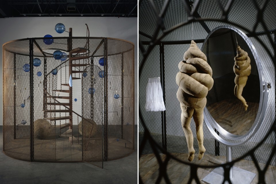 <b>Left</b>: Louise Bourgeois, <i> Cell (The last climb)</i>, 2008. Steel, glass, rubber, thread and wood, 384.8 x 400.1 x 299.7 cm.  Collection National Gallery of Canada, Ottawa.  Photo: Christopher Burke, © The Easton Foundation / Licensed by VG Bild-Kunst