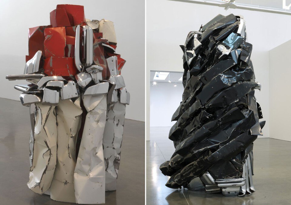 <b>Left</b>: John Chamberlain, <i>EUPHORIANAHAT</i>, 2010. Painted and chrome-plated steel, 233.7 x 140.3 cm. © 2015 Fairweather & Fairweather LTD/Artists Rights Society (ARS), New York. Photgraphy by Robert McKeever. Courtesy Gagosian Gallery. <b>Right</b>: John Chamberlain, <i>CLOUDEDLEOPAROEXPRESSO</i>, 2010. Painted and chrome-plated steel, 349.9 x 200.7 x 174 cm. © 2015 Fairweather & Fairweather LTD/Artists Rights Society (ARS), New York. Photgraphy by Robert McKeever. Courtesy Gagosian Gallery