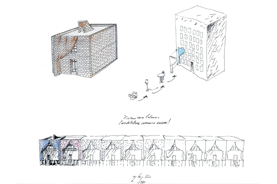 UgoLaPietra, L'interno verso l'esterno – l'architettura comunica ancora, 1980, tecnica mista su carta, 30x40cm