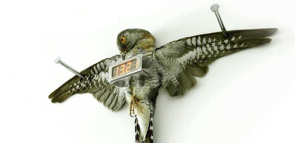 Michael Sans, <i>Cuckoo Clock</i>, 2008 © Dominik Butemann. The last call of the cuckoo, crucified on the altar of digital technology…