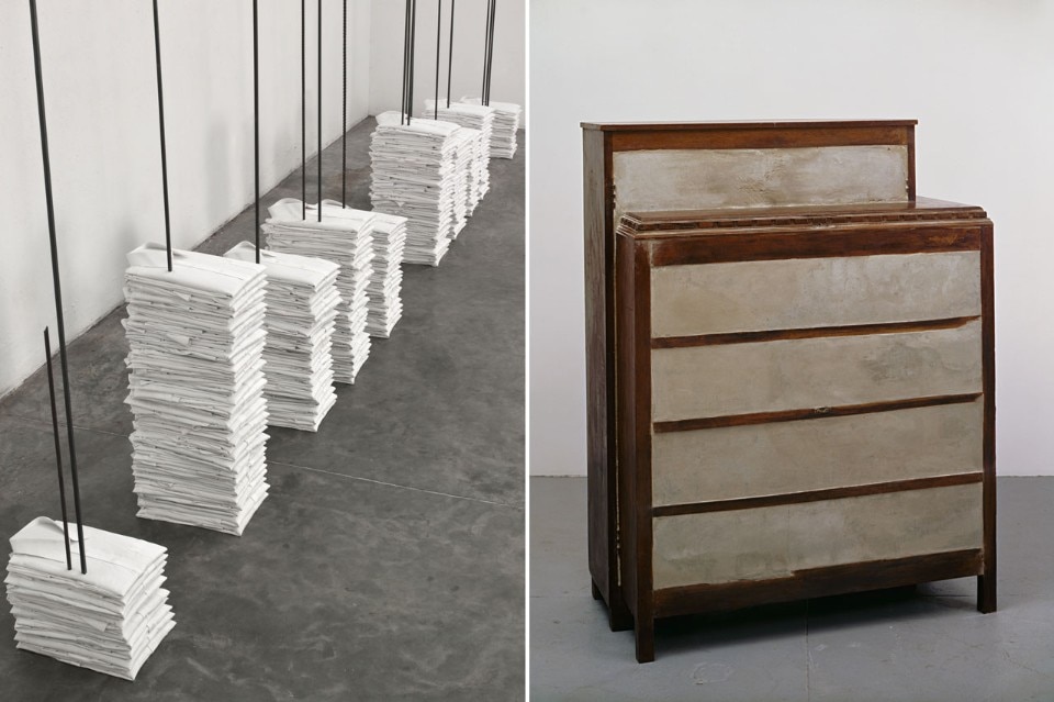 <b>Left</b>: Doris Salcedo, <i>Untitled (camisas)</i>, 2013. Cloth shirts, metal rebars, and plaster in 11 parts. Photo: Oscar Monsalve Pino. Courtesy Alexander and Bonin, New York. <b>Right</b>: Doris Salcedo, <i>Untitled</i>, 1998. Wood, cement and metal, 151.5 x 115.6 x 57 cm. Courtesy Alexander and Bonin, New York 
