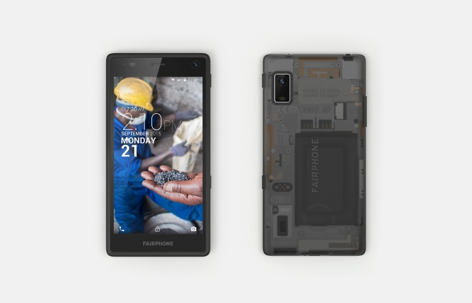 The Fairphone 2 assembled front and back