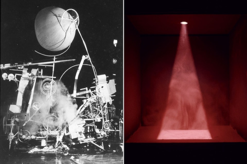 <b>Left</b>: Jean Tinguely, <i>Homage to New York</i>, 1960. Kinetic sculpture (mixed media) and performance. The Museum of Modern Art, New York, NY, US, Sculpture Garden, March 17, 1960 © Estate of David Gahr. Photo: David Gahr. <b>Right</b>: Jean Dupuy, <i>Heart Beats Dust</i>, 1968. Engineer: Ralph Martel Lithol rubine pigment, wood, glass, light, stethoscope, amplifier. Collection FRAC Bourgogne © ADAGP, Paris/Courtesy Galerie Loevenbruck, Paris. Photo: Terry Stevenson