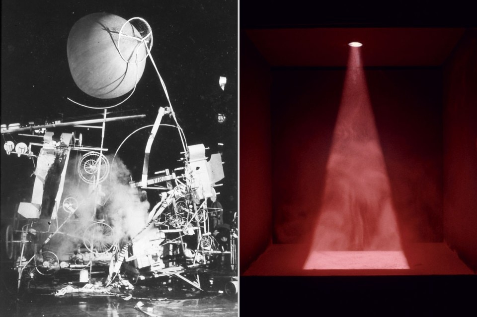 <b>Left</b>: Jean Tinguely, <i>Homage to New York</i>, 1960. Kinetic sculpture (mixed media) and performance. The Museum of Modern Art, New York, NY, US, Sculpture Garden, March 17, 1960 © Estate of David Gahr. Photo: David Gahr. <b>Right</b>: Jean Dupuy, <i>Heart Beats Dust</i>, 1968. Engineer: Ralph Martel Lithol rubine pigment, wood, glass, light, stethoscope, amplifier. Collection FRAC Bourgogne © ADAGP, Paris/Courtesy Galerie Loevenbruck, Paris. Photo: Terry Stevenson <b>Left</b>: Jean Tinguely, <i>Homage to New York</i>, 1960. Kinetic sculpture (mixed media) and performance. The Museum of Modern Art, New York, NY, US, Sculpture Garden, March 17, 1960 © Estate of David Gahr. Photo: David Gahr. <b>Right</b>: Jean Dupuy, <i>Heart Beats Dust</i>, 1968. Engineer: Ralph Martel Lithol rubine pigment, wood, glass, light, stethoscope, amplifier. Collection FRAC Bourgogne © ADAGP, Paris/Courtesy Galerie Loevenbruck, Paris. Photo: Terry Stevenson