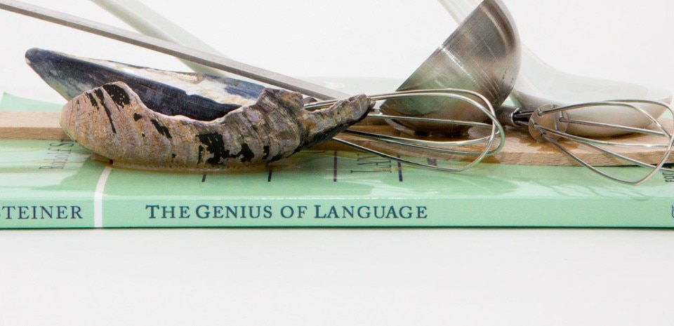 by Lina Viste Grønli, <i>Genius of Language</i>, 2015, book, kitchen utensils, and mussel shells. Courtesy the artist, Gaudel de Stampa, Paris, and Christian Andersen, Copenhagen. Photo: Jonathan Sachs