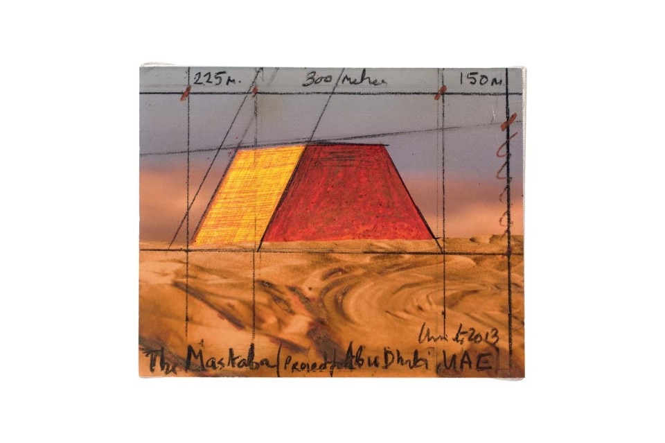 CHRISTO, <i>The Mastaba</i>, collage, wax crayon on photograph by Wolfgang Volz of scale model in Al Gharbia, glued on canvas, 2013. Austria