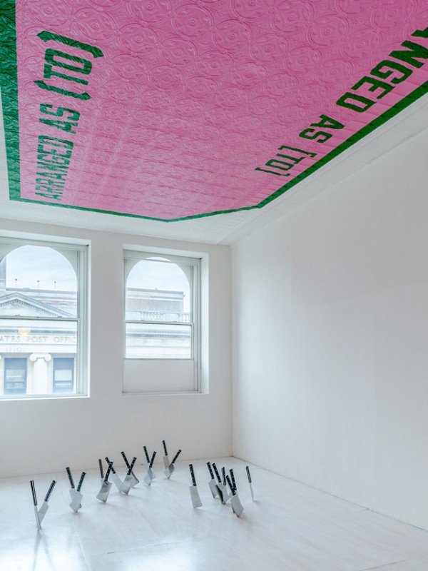 Installation view of Four by Barry Le Va and ARRANGED AS (TO) ARRANGED AS [TO] by Lawrence Weiner in FORTY. Image courtesy of MoMA PS1. Photo by Pablo Enriquez